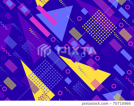 Seamless pattern with geometric shapes in the style of the 80s. Multicolored vintage background with triangles, circles and squares for brochures, banners and wrapping paper. Vector illustration Seamless pattern with geometric shapes in the style of the 80s. Multicolored vintage background with triangles, circles and squares for brochures, banners and wrapping paper. Vector illustration 70718966