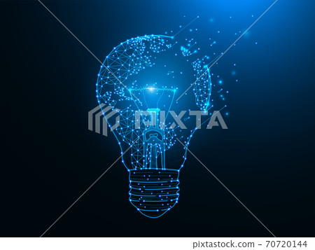 Light bulb and map of planet Earth polygonal illustration on dark blue background Light bulb and map of planet Earth polygonal illustration on dark blue background 70720144