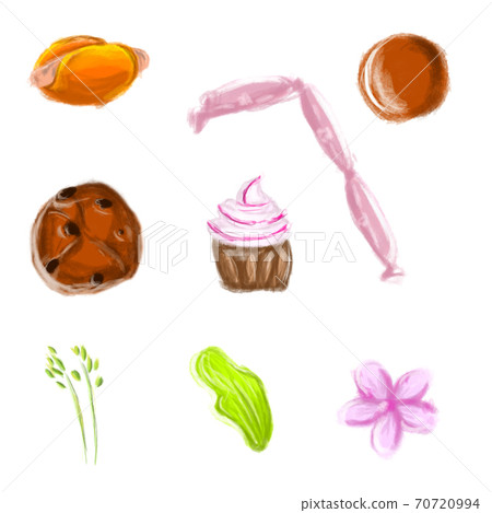 Food icons set. Hand drawn icons of fast food breakfast or cafee menu. Hot dog, sausages, cookie, cake, salad and vanilla flower 70720994
