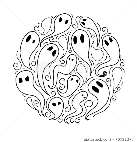 Set of outline cartoon ghosts with emotions in circle. Doodle Spirits in different forms with curls. Halloween elements for decorating. Vector object 70721373