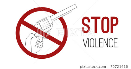 Stop violence and war. Horizontal card with outline drawing of a pistol with hand in prohibition sign and text. Ban on the kill. Vector element Stop violence and war. Horizontal card with outline drawing of a pistol with hand in prohibition sign and text. Ban on the kill. Vector element 70721416