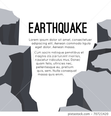Vector flat card with earthquake and space for text. Splits and cracks. Faults in the ground. Natural disaster. Modern cataclysm. Ravine and rocks. Template Vector flat card with earthquake and space for text. Splits and cracks. Faults in the ground. Natural disaster. Modern cataclysm. Ravine and rocks. Template 70721420