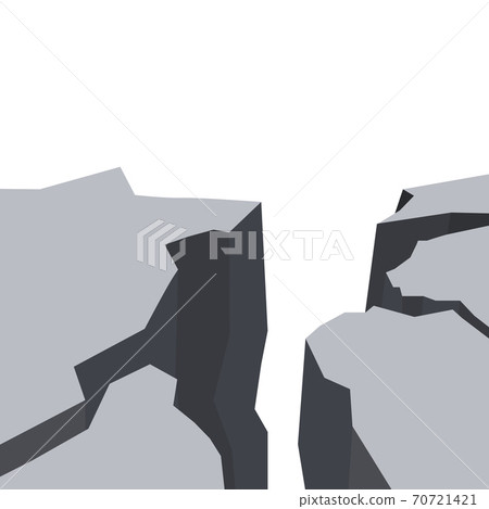 Vector flat illustration of an earthquake. Splits and cracks. Faults in the ground. Natural disaster. Modern cataclysm. Ravine and rocks on white background. Vector flat illustration of an earthquake. Splits and cracks. Faults in the ground. Natural disaster. Modern cataclysm. Ravine and rocks on white background. 70721421