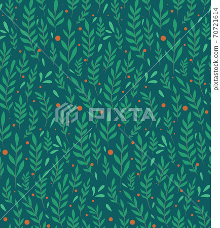 Seamless flat pattern with branches, leaves and berries on a dark green background. Natural simple floral backdrop. Natural tapestry wallpaper. Vector texture Seamless flat pattern with branches, leaves and berries on a dark green background. Natural simple floral backdrop. Natural tapestry wallpaper. Vector texture 70721614