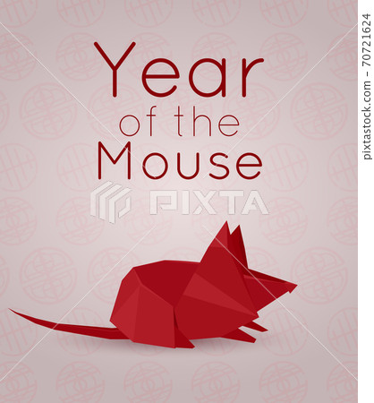 Card with polygonal mouse. 3d paper red origami rat. Chinese New Year symbol on oriental pattern. Congratulatory banner. Vector element 70721624
