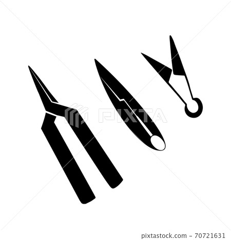 Set of silhouettes of scissors, pruners and shears. Black outline separate from the background. Equipment for sewing and gardening. Vector object 70721631