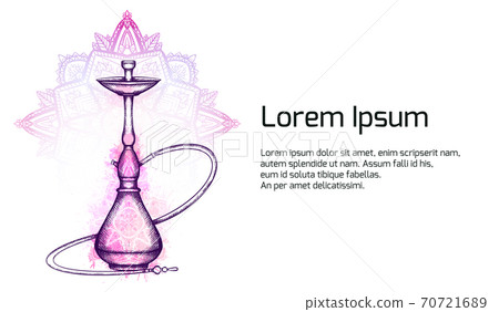 Horizontal banner with hookah with hatching, pink watercolor splashes, ornaments and tracery zen mandala on background. 70721689