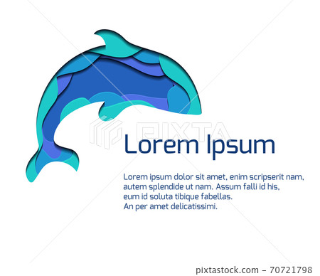 Banner with ssilhouette of grampus with 3d element cut out of paper in blue colors. Killer whale. Vector summer template 70721798