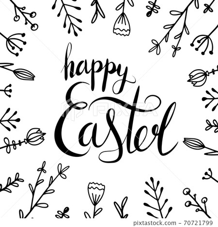 Handwritten Lettering happy Easter with doodle flowers. Brush calligraphy. Square greeting card. 70721799