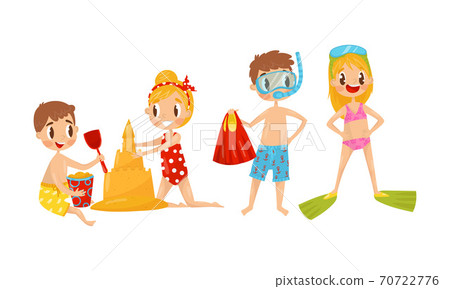 Cute Boy and Girl at Sea Shore Wearing Swimming Trunks and Building Sand Castle Vector Illustration Set 70722776