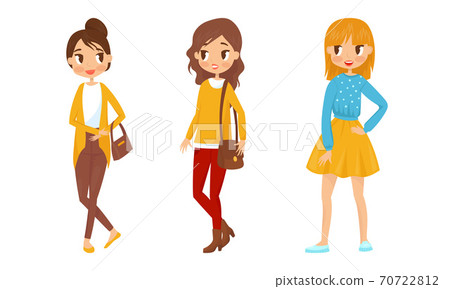 Pretty Teenager Girls Dressed in Fashionable Clothing Vector Illustration Set Pretty Teenager Girls Dressed in Fashionable Clothing Vector Illustration Set 70722812