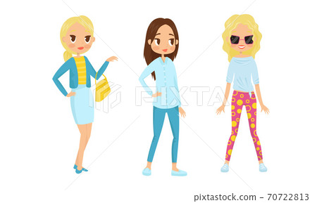 Pretty Teenager Girls Dressed in Fashionable Clothing Vector Illustration Set 70722813