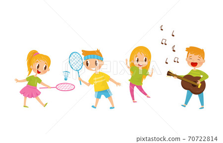 Little Boy and Girl Playing Guitar and Badminton Vector Illustration Set Little Boy and Girl Playing Guitar and Badminton Vector Illustration Set 70722814