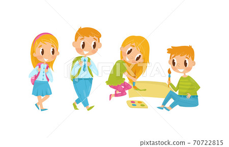 Little Boy and Girl Painting with Brush and Going to School with Backpacks Vector Illustration Set Little Boy and Girl Painting with Brush and Going to School with Backpacks Vector Illustration Set 70722815