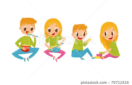 Little Boy and Girl Eating Porridge and Playing Toy Blocks Vector Illustration Set Little Boy and Girl Eating Porridge and Playing Toy Blocks Vector Illustration Set 70722816