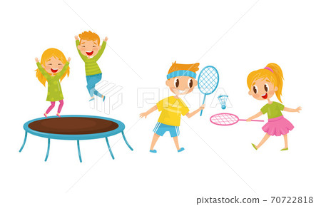 Little Boy and Girl Jumping on Trampoline and Playing Badminton Vector Illustration Set Little Boy and Girl Jumping on Trampoline and Playing Badminton Vector Illustration Set 70722818