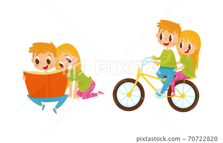 Little Boy and Girl Reading Book and Cycling Vector Illustration Set Little Boy and Girl Reading Book and Cycling Vector Illustration Set 70722820
