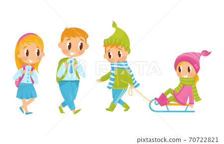 Little Boy and Girl with Backpacks Going to School and Sledging Vector Illustration Set Little Boy and Girl with Backpacks Going to School and Sledging Vector Illustration Set 70722821