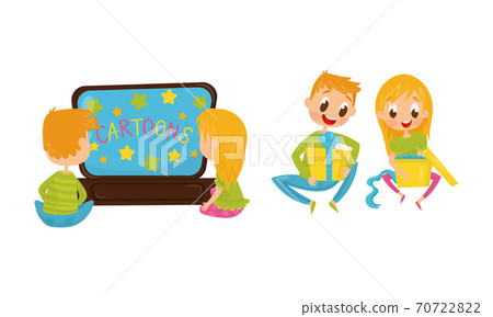Little Boy and Girl Watching Cartoons and Unwrapping Gift Boxes Vector Illustration Set Little Boy and Girl Watching Cartoons and Unwrapping Gift Boxes Vector Illustration Set 70722822