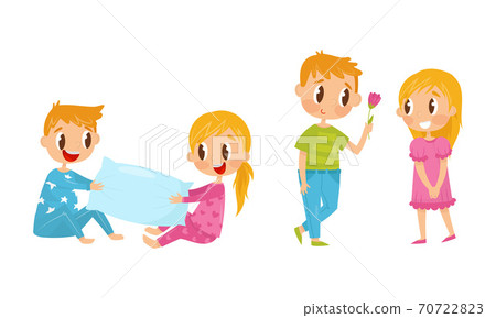 Little Boy and Girl Pillow Fighting and Giving Flower Vector Illustration Set Little Boy and Girl Pillow Fighting and Giving Flower Vector Illustration Set 70722823