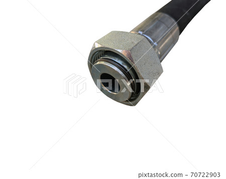 Hydraulic high pressure hose isolated on the white background. New spare parts. 70722903