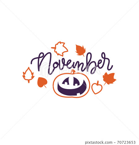 Autumn lettering calligraphy phrase - Hello november. Invitation Card with hand drawn pumpkin in sketch style. Hand made motivation quote. Sketch, Vector design 70723653