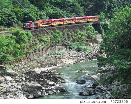 Hozukyo and trolley trains with beautiful greenery on hot summer days seen from Hozukyo Station on the Sagano Sanin Line 70723896