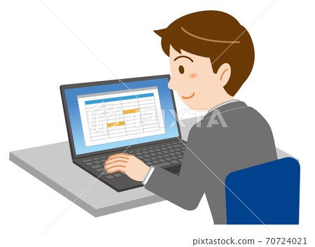 Illustration of a young man in a suit doing office work on a laptop in the office / white background 70724021