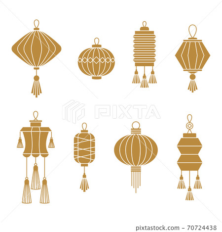 Chinese paper lanterns set. Flat vector golden... - Stock Illustration ...