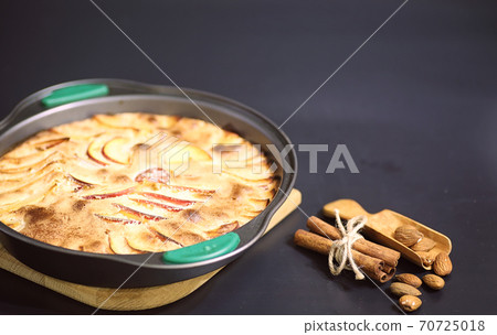 Preparation of apple pie at home. Homemade pastries with apples and nuts. Sweet dessert from apples baked. Preparation of apple pie at home. Homemade pastries with apples and nuts. Sweet dessert from apples baked. 70725018