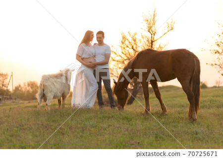 A farmer with his pregnant wife at sunset on his farm. Posing with their pets 70725671