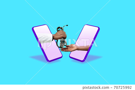 Hands gesturing through screens of mobile phones against blue background. Concept of social distance during coronavirus epidemic Hands gesturing through screens of mobile phones against blue background. Concept of social distance during coronavirus epidemic 70725992