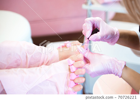 Specialist with client in beauty salon. Professional beauty service. Pedicure, manicure concept. 70726221