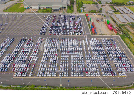 Aerial top view of new cars parking for sale stock lot row, dealer inventory import and export business commercial worldwide, Automobile and automotive industry distribution logistic global transport 70726450