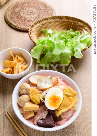 Thai food (Yen Ta Fo), Rice noodles soup with red sauce  70727183