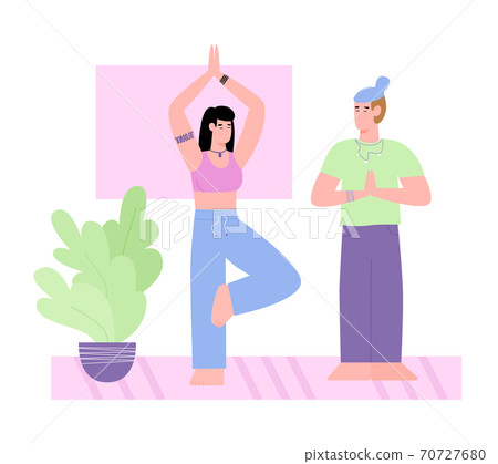 Couple doing yoga poses and exercises at home a vector flat illustration Couple doing yoga poses and exercises at home a vector flat illustration 70727680