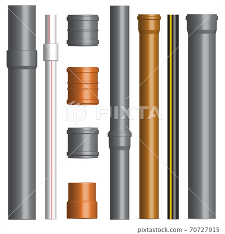 Set of various plastic pipes with connectors, vector illustration. 70727915