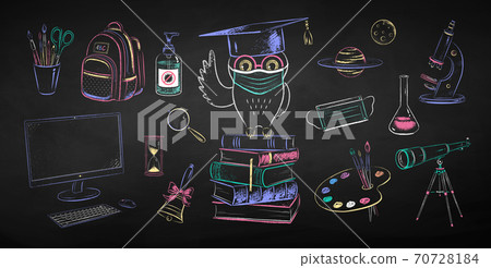Owl sitting on books wearing face mask Owl sitting on books wearing face mask 70728184