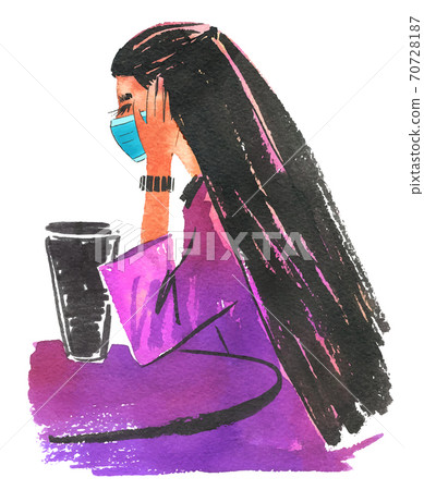 Woman in cafe wearing face mask Woman in cafe wearing face mask 70728187