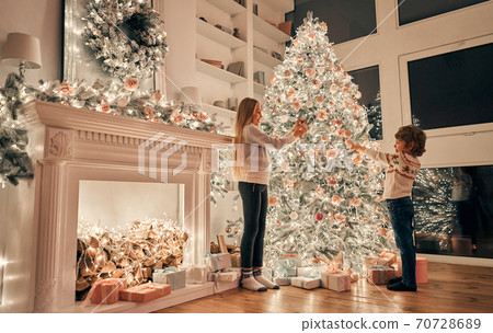 The little girl and boy decorating the christmas tree The little girl and boy decorating the christmas tree 70728689