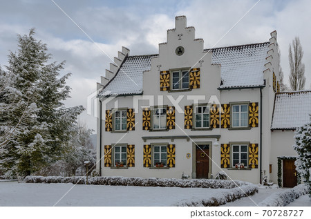 Werd Monastery on the island of Werd near Stein am Rhein in winter, Eschenz, Thurgau, Switzerland 70728727