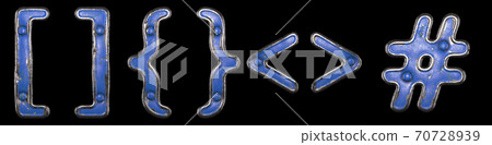 Set of symbols left and right squere bracket, left and right brace, left and right angle bracket, hash made of painted metal with blue rivets on black background. 3d Set of symbols left and right squere bracket, left and right brace, left and right angle bracket, hash made of painted metal with blue rivets on black background. 3d 70728939
