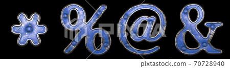 Set of symbols asterisk, percent, at, ampersand made of painted metal with blue rivets on black background. 3d Set of symbols asterisk, percent, at, ampersand made of painted metal with blue rivets on black background. 3d 70728940