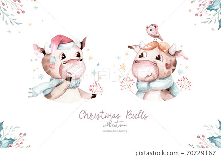 Watercolor cartoon illustration. Symbol of the year 2021. Funny and cute Bull. Christmas illustration. 70729167