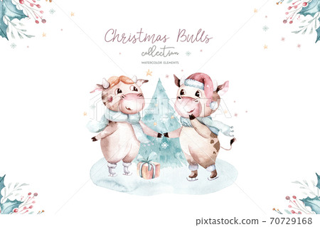 Watercolor cartoon illustration. Symbol of the year 2021. Funny and cute Bull. Christmas illustration. 70729168