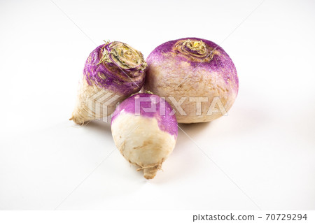 Freshly harvested spring turnips, Brassica rapa, on white background Freshly harvested spring turnips, Brassica rapa, on white background 70729294