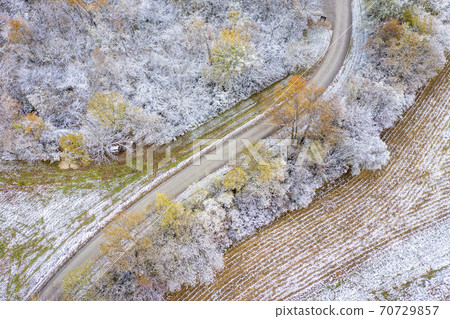 Forest and corn field dusted by early snow Forest and corn field dusted by early snow 70729857