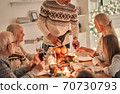 The man fills wine glasses above the festive table 70730793