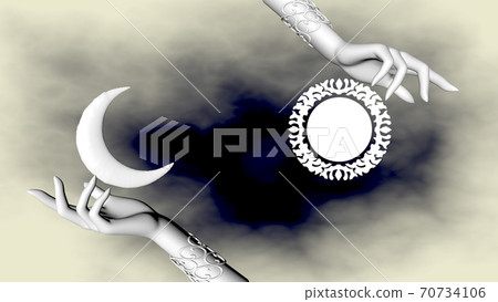 Day and night, the sun and the moon in women's hands. 3D rendering Day and night, the sun and the moon in women's hands. 3D rendering 70734106