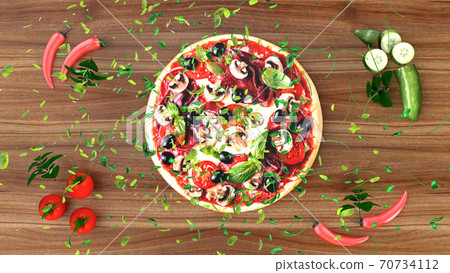 Pizza with salami and olives, advertising background. 3D rendering Pizza with salami and olives, advertising background. 3D rendering 70734112